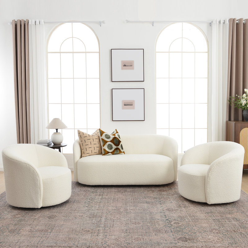 Ensemble de salon rembourré 3 pièces avec causeuse et fauteuil Boucle, Cream