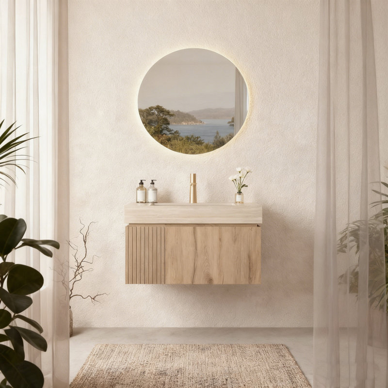 Ensemble de meuble-lavabo à assemblage complet 30 po MURI, avec comptoir en pierre frittée et lavabo en céramique, armoire de rangement flottante simple avec tiroir et porte
