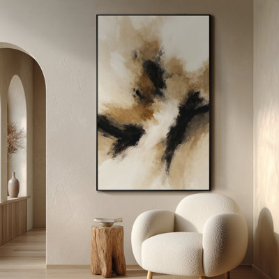 Extra Large Wall Art Fabric Print - Warm Neutral and Black Dynamic Abstract Strokes Artwork Decor for Living Room or Bedroom - "Frame Assembly Required (Unfinished Frame)"