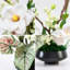 Arrangement de fleurs de magnolia artificiel avec feuillage de caladium dans un pot noir émaillé à la main