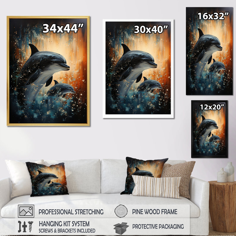 «Dolphin Mystic Encounters II», reproduction sur toile, H 32 po x l 16 po x P 1 po, Cadre doré simple
