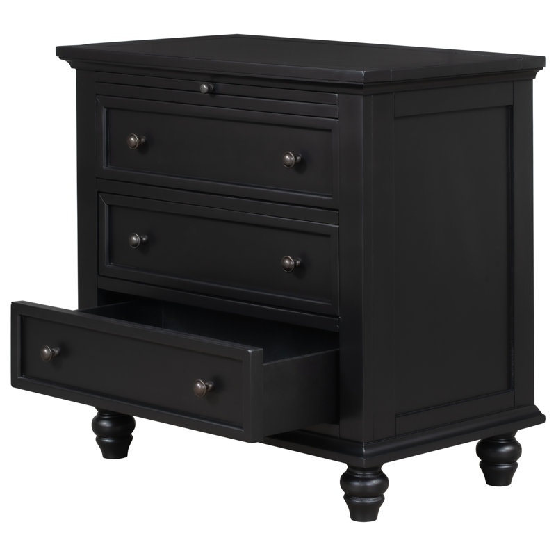 3-Drawer Storage Wood Cabinet, End Table with Pull out Tray, Black