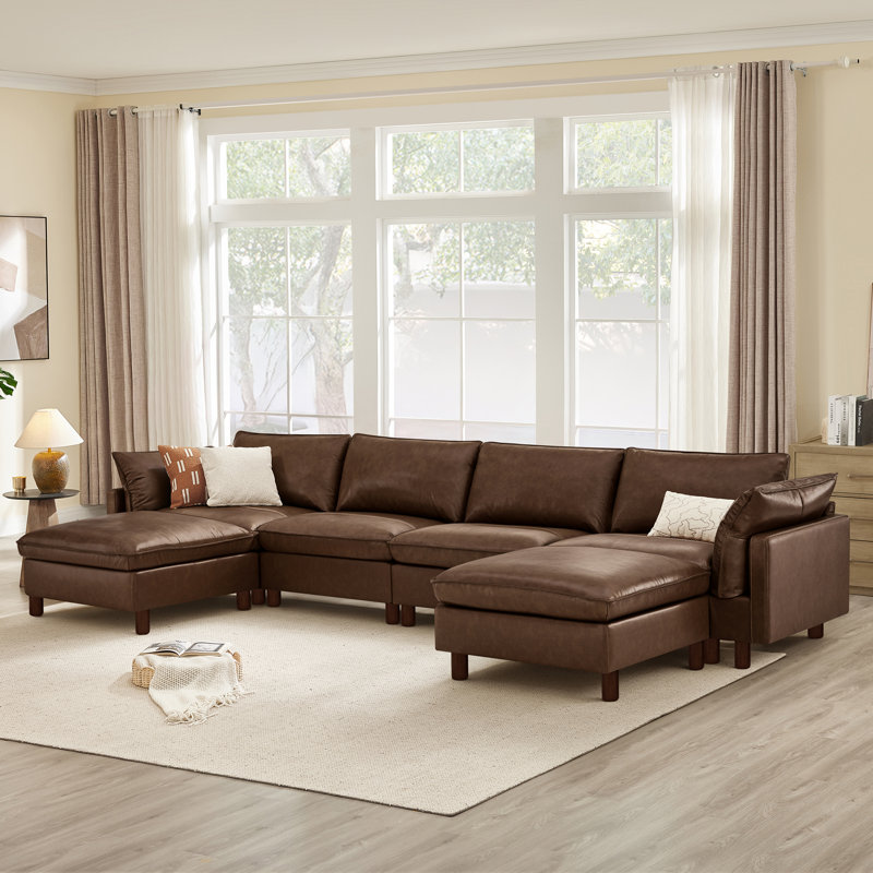 Canapé modulaire en cuir fleur 6 pièces Solena, Marron clair