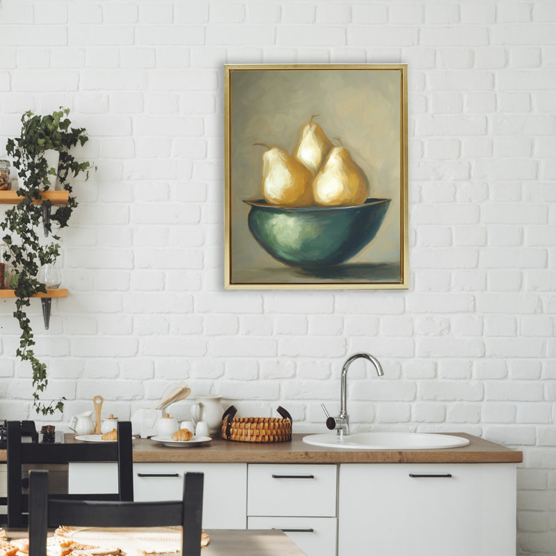 Cadre flottant The Golden Pears Bowl, design par Ramona Murdock, H 21 po x l 17 po, Cadre flottant métallique doré