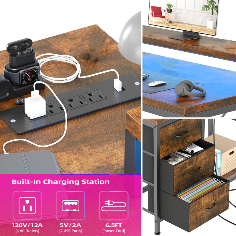 Shieh L-Shaped Computer Desk with Power Outlet, Brown/Black