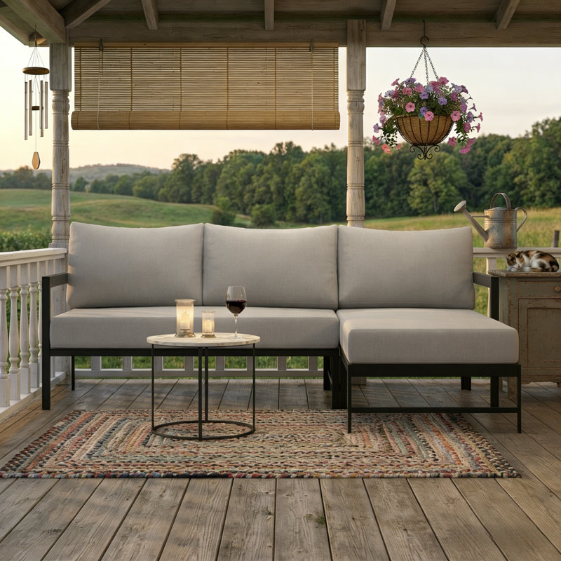 Modern L-Shaped Outdoor Sectional Sofa With 6'' Ultra-Thick Cushions, Weather-Resistant Metal Patio Sofa Set For 3, Black & Beige