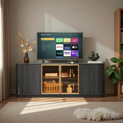 64-Inch Wavy TV Cabinet, Round Sideboard, Wooden Vertical Stripe Storage Cabinet