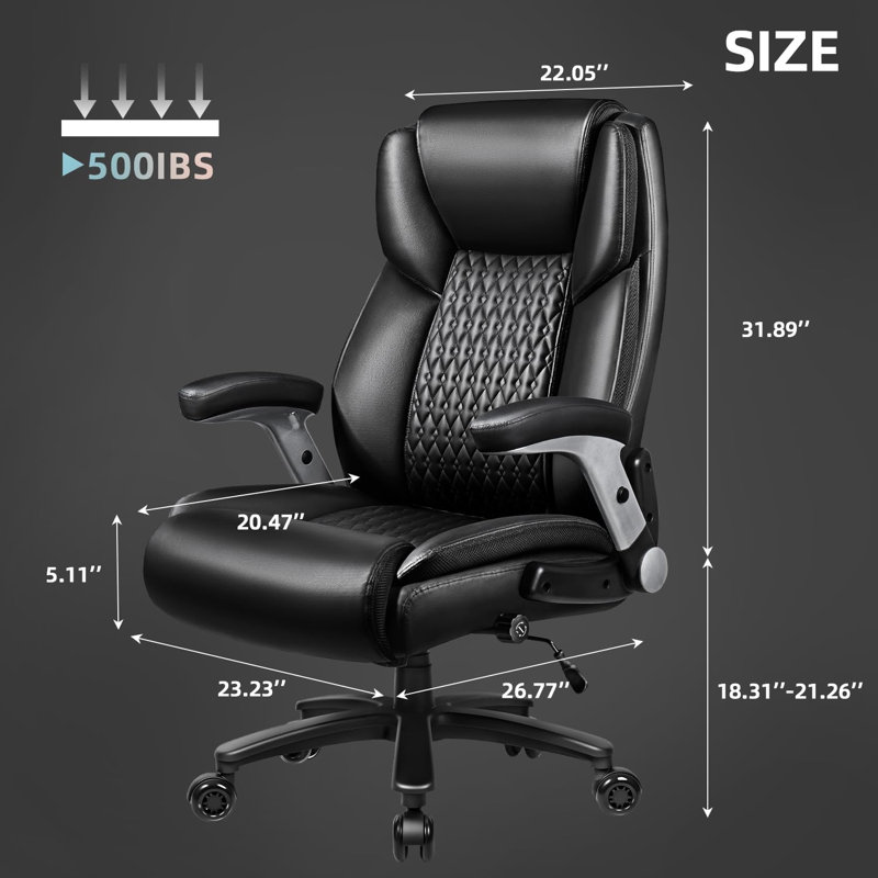 Grande et grande chaise de bureau avec accoudoirs rabattables et réglables, Noir