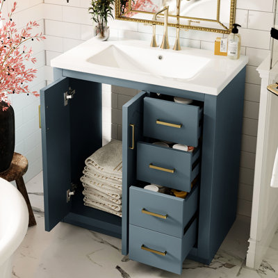 Meuble-lavabo de 30 po avec cadre en bois massif, portes, 3 tiroirs, planches, rangement spacieux pour glissières de tiroir à cadre lisse, couleur bleue