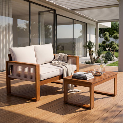 Acacia Wood Loveseat and Coffee Table Set, Outdoor Conversation Set with Cushions and Rope Accents