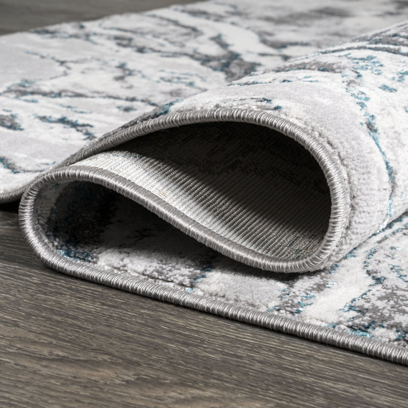 Marbled Abstract Grey/Turquoise Rug, Runner 2' x 10'