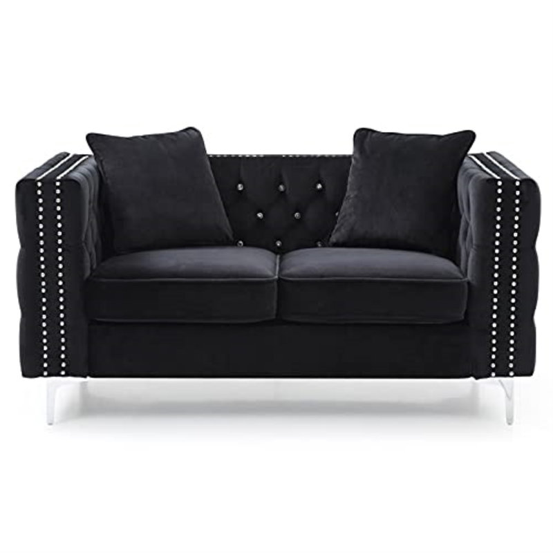 Paige Mid Century Modern Velvet Loveseat, Black Velvet