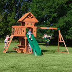 Backyard Discovery Woodland Cedar Wood Swing Set with Wave Slide, Clubhouse, Rock Wall, and Snack Bar Station