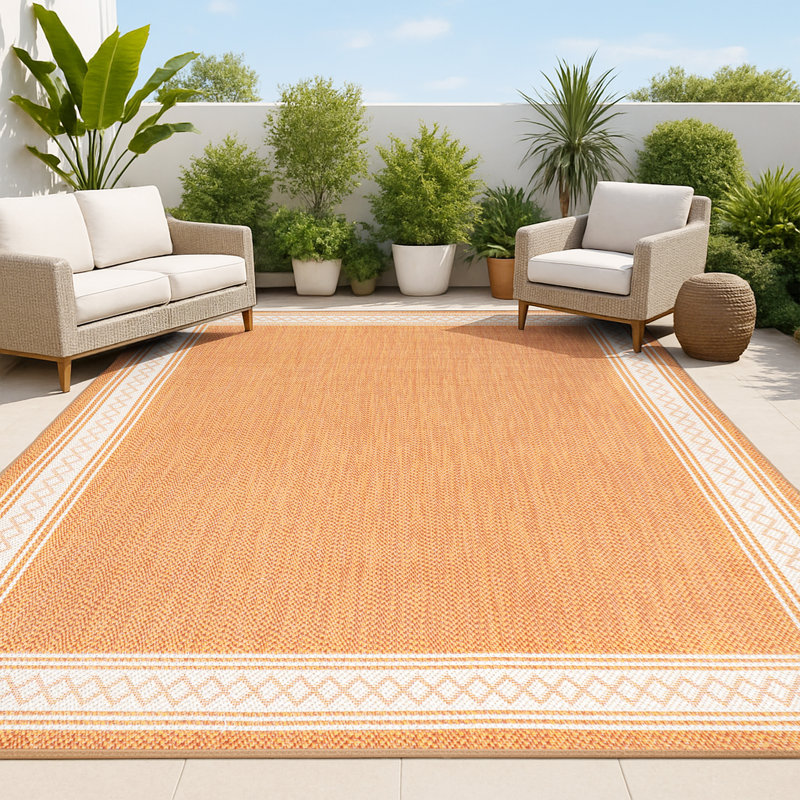 Cityside Classic Diamond Border Orange/Cream Indoor/Outdoor Rug, Rectangle 5'3" x 7'7"