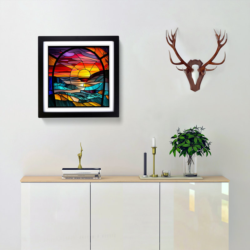 Sunset Stained Glass Effect - Single Picture Frame Print on Wood, Black