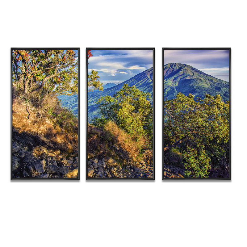 «Merbabu Volcano In Java - Landscape», ensemble de 3 toiles encadrées, Cadre noir, L 36 po x H 28 po