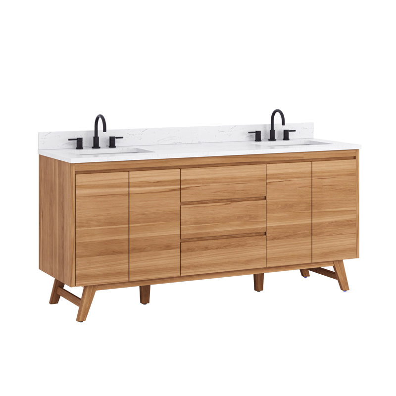 Coventry 73" Natural Teak Double Sink Vanity with White Stone Top