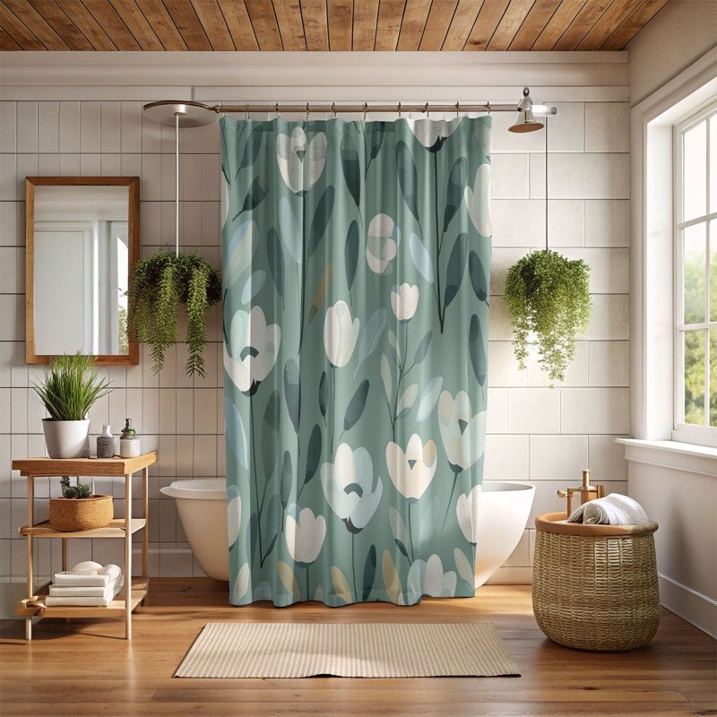 Rideau de douche 1 pièce Soft Mint Florals, H 74 po x l 71 po