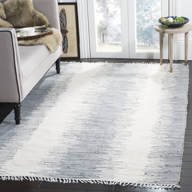 Tapis gris rayé 100% coton tissé à plat à la main Cayman, Rectangle 10 pi x 14 pi