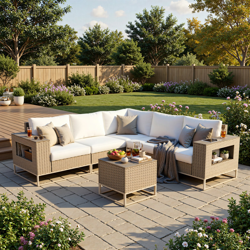 6-Piece Outdoor Sectional Seating Group With 7.7'' Wide Wood-Look Armrest Table, HDPE Wicker, Cushions & Coffee Table, Modular Patio Set