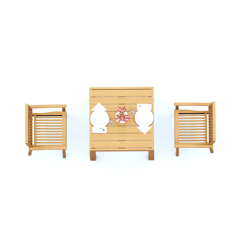 3 Pcs Grade-A Teak Wood Dining Set: 36" Square Table  Leveb Stacking Arm Chairs #11LV0802, 2