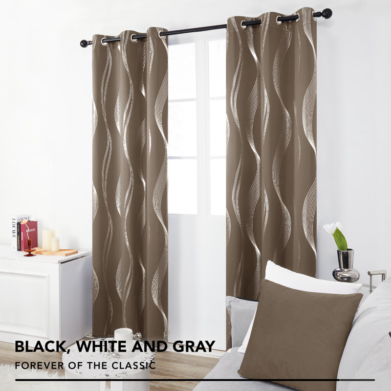 Spurgh Sliver Wave Foil Print Blackout Thermal Grommet Curtain Panels (Set of 2), 42" W x 90" L, Khaki