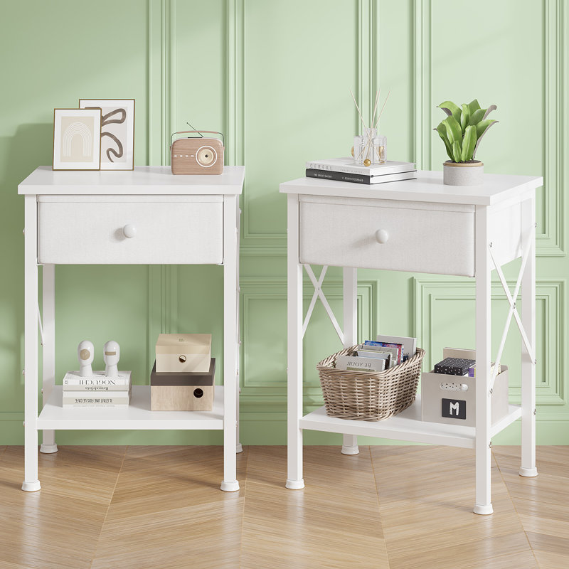 Set Of 2 Fabric Drawer Nightstand With Open Shelf, Small Bedside Table For Bedroom, Living Room Or Dorm, White