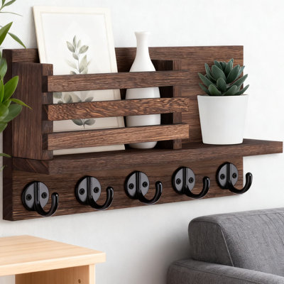 Porte-clés mural avec tablette, boîte aux lettres décorative en bois et porte-clés avec 5 crochets robustes pour le rangement du vestibule