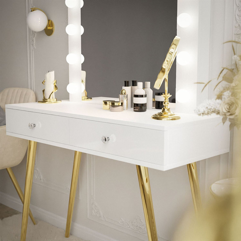 Huntingtown Dressing Table with Mirror, White/Gold