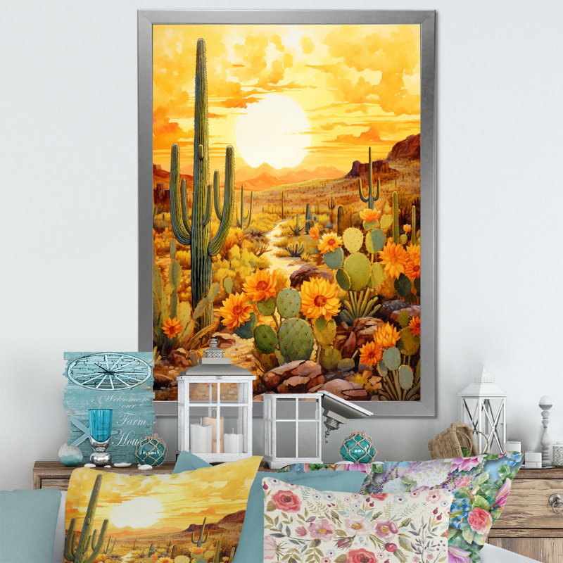 Cactus Golden Garden, reproduction d'art sur toile, 20" H x 12" W, Cadre photo argenté