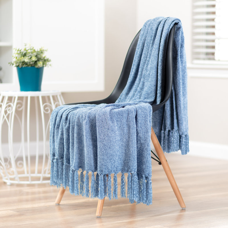 Cerulean Blue Knitted Acrylic Throw Blanket with Tassels - 50" x 65"