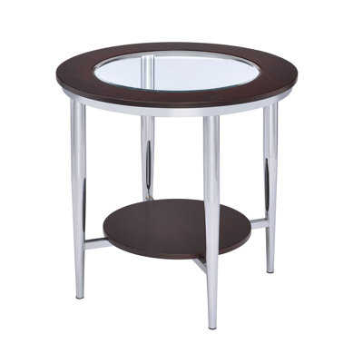 Zervion 24 po Table de bout ronde en bois et verre espresso avec tablette inférieure