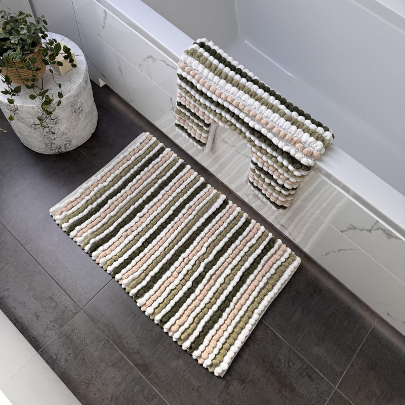 Two Piece Striped Bobble Bath Mat and Pedestal Mat Set, Green/Beige