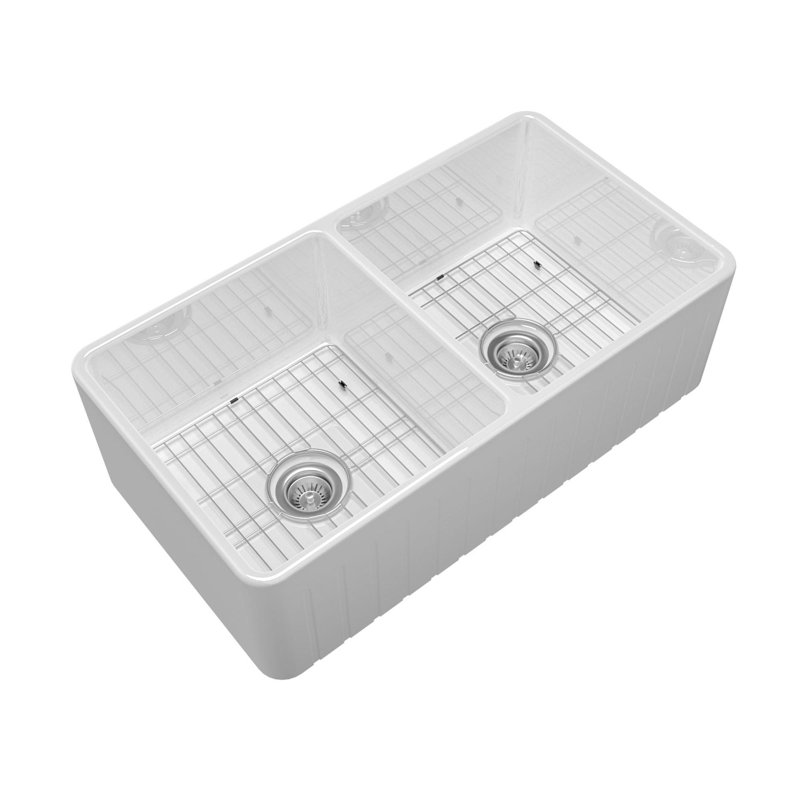 33'' L Double Bowl Fireclay Kitchen Sink, White