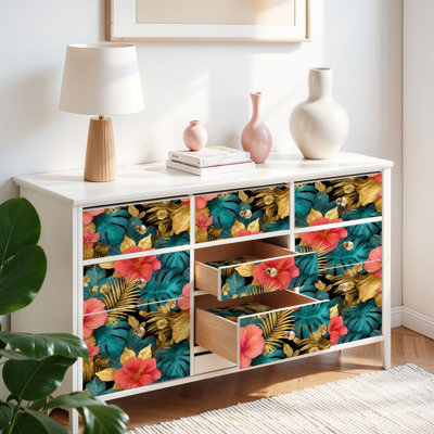 Peel and Stick Wallpaper Contact Paper Luxury Tropical Watercolor Hibiscus Monstera Leaf Self Adhesive and Removable 17.7in x 118in(45x300cm)