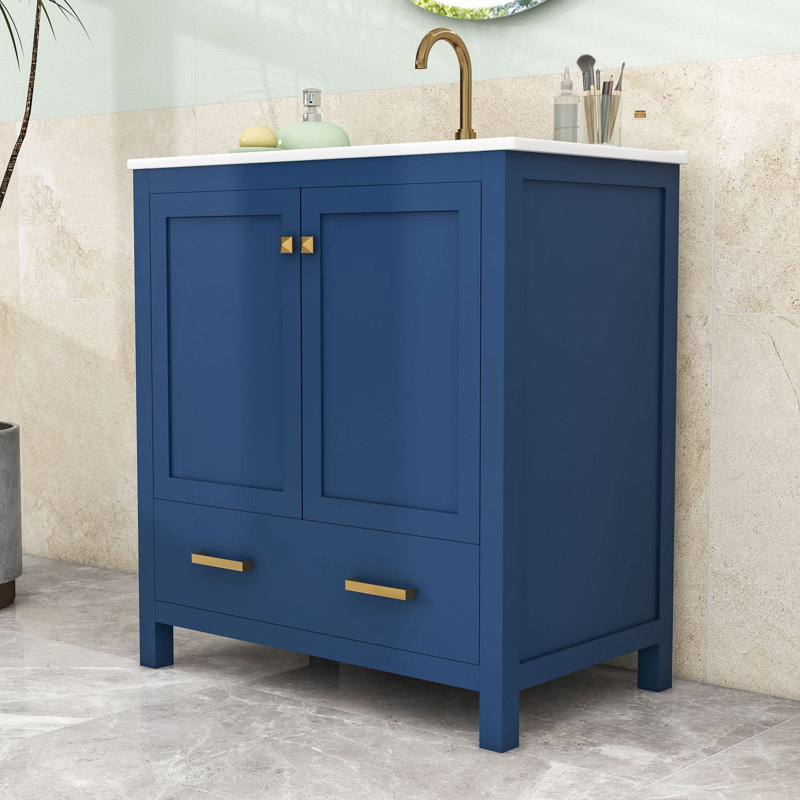 Meuble-lavabo avec lavabo simple, 2 portes et tiroir, Bleu