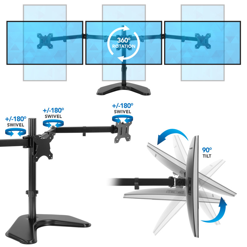 Black Aluminum and Steel Triple Monitor Stand with Adjustable Arms