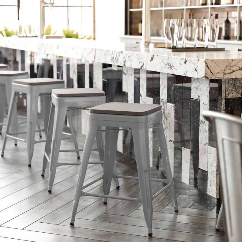Briahnna Indoor/Outdoor Backless Counter Stool with Poly Resin Seat, Counter Stool (24" Seat Height), Silver/Gray
