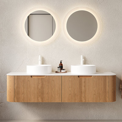 60'' Wall-Mounted Double Bathroom Vanity With Stone-Look Ceramic Sinks, Fluted Drawer Fronts, And Artificial Marble Top – Pre-Assembled