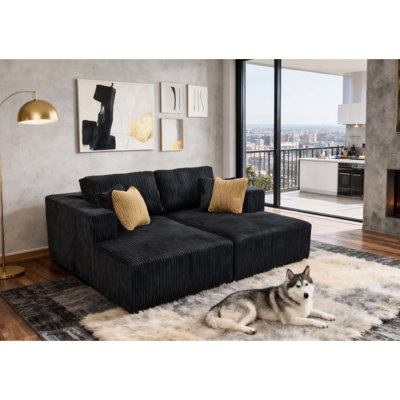 Chaises longues doubles, revêtement en velours côtelé noir comprimé, 2 places, aucun assemblage requis, rembourrage en mousse pour un confort moelleux, 193 cm de profondeur, 163 cm de largeur, 86 cm de hauteur, structure stable, coussins décoratifs (profondeur, largeur, hauteur).