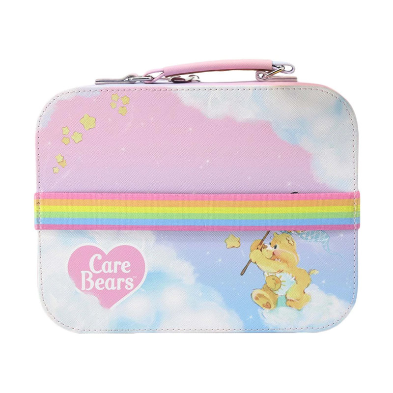 Trousse de maquillage Care Bears en simili cuir saffiano, organisateur de maquillage avec poignée de transport supérieure et cloison amovible, pochette intérieure en filet avec fermeture à glissière, trousse de maquillage