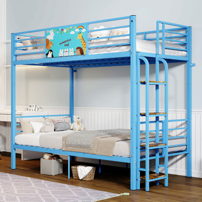 Lit superposé simple au-dessus d'un lit simple en métal, cadre de lit superposé au sol avec échelle, lattes en métal robustes ne supportant pas de sommier pour économiser de l'espace pour un dortoir de chambre à coucher, BLEU