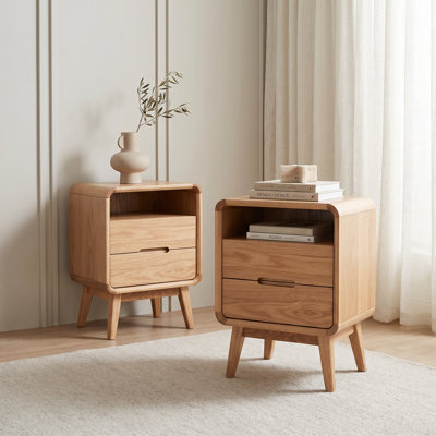 Ensemble de 2 tables de chevet en bois massif MCM avec 1 tiroir et tablette ouverte MCM