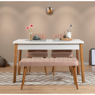Modern Dining Table & Chairs Set (4 Pieces), Atlantic Pine & White, 47.2 x 31.5 x 18.5 inches | 100% Melamine Coated Particle Board, Wooden Legs | Stylish Scandinavian Design, 100% Linen Foam Chairs & Bench
