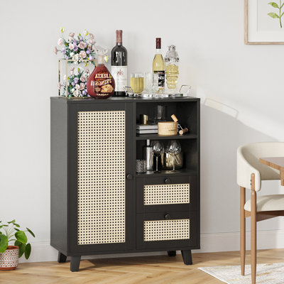 Black Rattan Sideboard Cabinet W27.5"x D15"x H33.8" Engineered Wood 1 Piece Storage Cabinet with Drawers & Adjustable Shelf