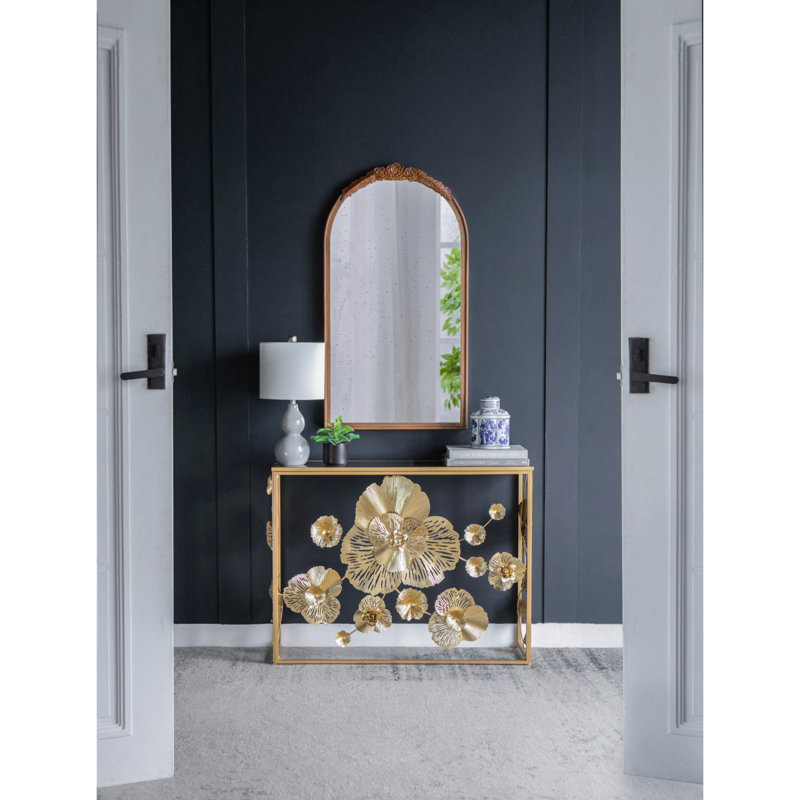 Console 39,5 "x 12" x 30,5 "dorée avec plateau en verre miroir, table d'entrée moderne pour vestibule de vestibule de salon