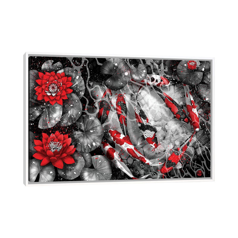 9 kois par Marine loup-impression d’art graphique, H 26 po x l 40 po x 1,5 po, Toile blanche encadrée, Pas de tapis