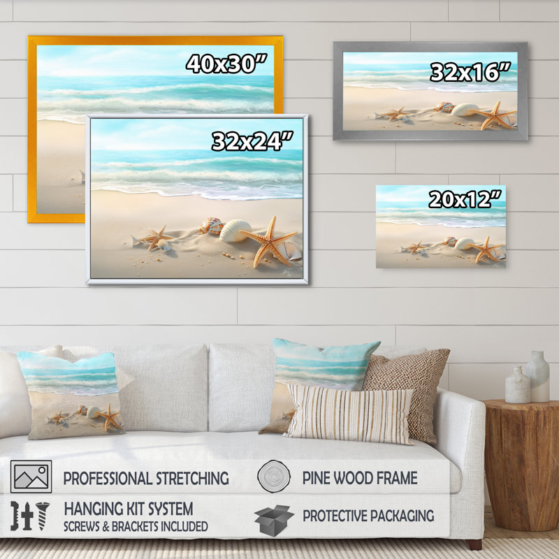Étoile de mer et coquillages I - art mural moderne grande plage, Cadre noir, H 30 po x l 40 po x P 1,5 po