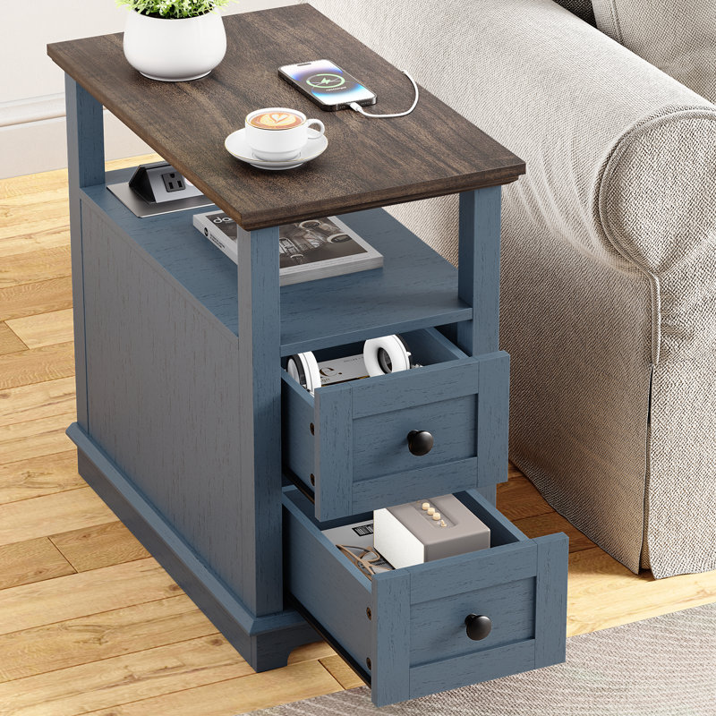 2 Drawers End Tables with Storage and Fast Charging Station for Living Room, Blue, 1 unit