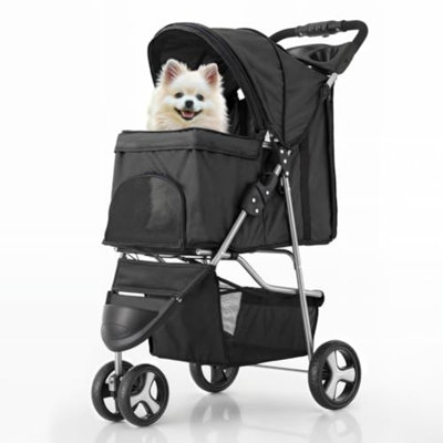 Foldable Pet Stroller With Weather Cover, 3 Wheels Pet Strolling Cart For Small/Medium Dogs And Cats With Storage Basket And Cup Holder, Breathable And Visible Mesh For All-Season, Black